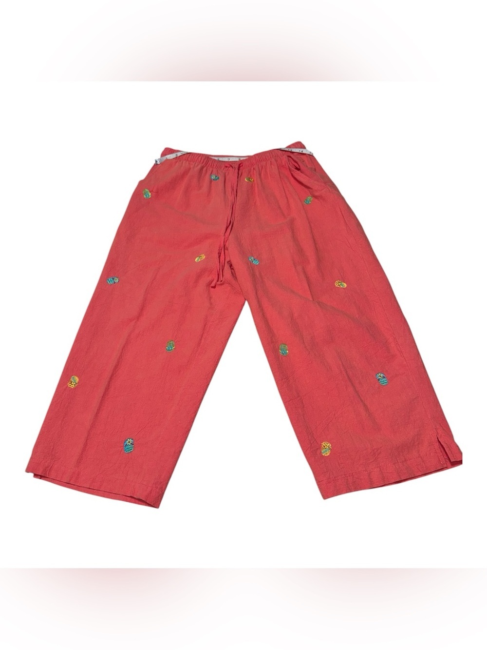 Jane Ashley Casual Lifestyle Pink Flip Flop Embroidered Capri Pants Size Large